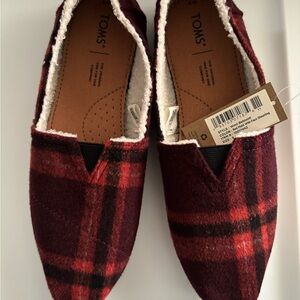 TOMS Red Plaid Slip-On Shoes